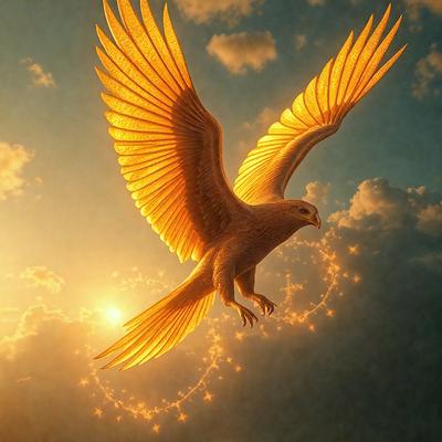 The primary subject of the image is a large, golden eagle flying through the sky. The setting is a cloudy sky, and the visual style is a digital art or illustration. The dominant colors are yellow and orange, creating a warm and vibrant atmosphere.
